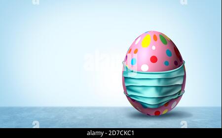 Salute e banner di Pasqua come un segno stagionale con un uovo decorato che indossa una maschera medica viso e chirurgica protezione del viso per la protezione delle malattie. Foto Stock