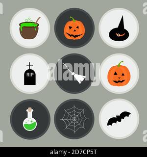 Set di adesivi Halloween con personaggi tradizionali. Da utilizzare per biglietti d'auguri, inviti, poster, volantini per feste. Illustrazione vettoriale stock Illustrazione Vettoriale