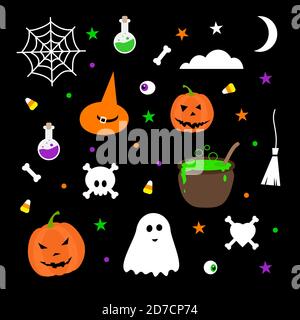 Happy Halloween elementi set - scopa ragno web cranio ossa tombe, recinzione, zucca, luna, nube, pipistrello, ragno, cappello strega. Illustrazione vettore stock su Illustrazione Vettoriale