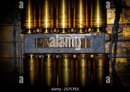 Messaggio di testo Patriot tra gli involucri di pistola calibro 50 in rame rame grunge vintage e sfondo oro Foto Stock