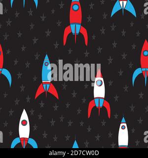 Razzi e stelle scarabellano un motivo senza cuciture. Sfondo disegnato a mano. Illustrazione vettoriale per progettazione di superfici, stampa, poster, icone, Web, disegni grafici. Illustrazione Vettoriale