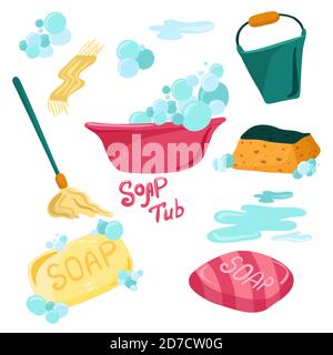 Attrezzature per la pulizia. Concetto di servizio di pulizia con vari strumenti di pulizia. Illustrazione del doodle vettoriale piatto Illustrazione Vettoriale