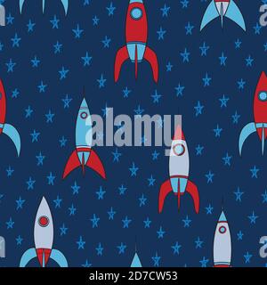Razzi e stelle scarabellano un motivo senza cuciture. Sfondo disegnato a mano. Illustrazione vettoriale per progettazione di superfici, stampa, poster, icone, Web, disegni grafici. Illustrazione Vettoriale