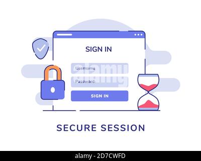 Concetto di sessione sicura accesso nome utente password lucchetto del computer schermatura su sfondo bianco isolato con stile piatto Illustrazione Vettoriale