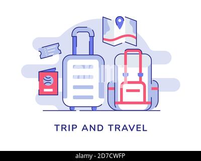 Viaggio un concetto di viaggio zaino valigia passaporto carta del biglietto bianco sfondo isolato con stile piatto Illustrazione Vettoriale