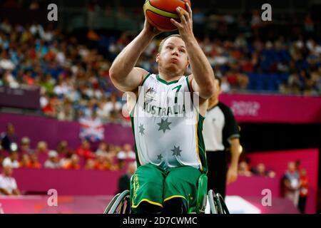 Londra, Regno Unito. 8 Settembre 2012. Shaun Norris (AUS) Basketball accessibile in sedia a rotelle : la finale maschile tra Australia e Canada durante i Giochi Paralimpici di Londra 2012 alla North Greenwich Arena di Londra, Regno Unito . Credit: AFLO SPORT/Alamy Live News Foto Stock