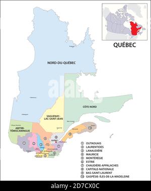 Mappa amministrativa vettoriale della provincia canadese del Québec Illustrazione Vettoriale