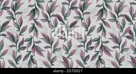 Motivo floreali senza giunture con foglie di peonia vintage. Illustrazione disegnata a mano. Ideale per la stampa di sfondi, tessuti e tessuti. Foto Stock