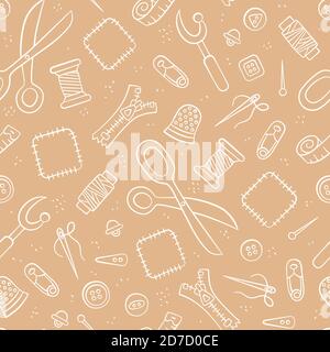 Attrezzi e accessori per cucire e per l'ago. Motivo senza cuciture in stile doodle e cartoni animati. Illustrazione Vettoriale
