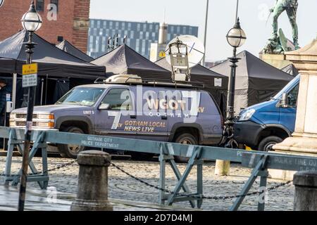 Gotham City News Vehicle sul set di "The Batman" in Liverpool Foto Stock