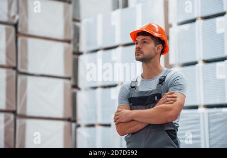 Ritratto di giovane lavoratore in uniform che è in magazzino Foto Stock