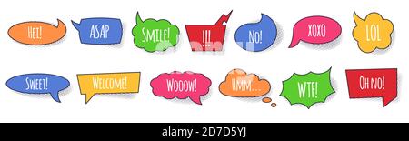 Fumetto colorato bolla del discorso insieme con frasi di conversazione e parole . Illustrazione Vettoriale