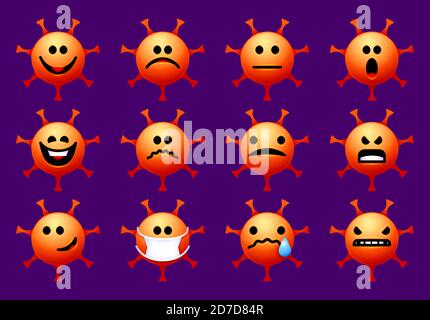 Set di emoji a tema coronavirus con virus covid-19 sorridente e arrabbiato. Edizione di Halloween con smiley e maschera di colore arancione. Illustrazione Vettoriale