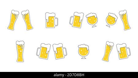 Icone della birra impostate con diverse tazze di birra illustrazione vettoriale isolata. Icone per pub bar o menu Oktoberfest in stile piatto Illustrazione Vettoriale