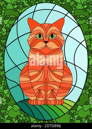Gatto divertente e serio seduto su uno sfondo di cielo, colorato vetrate decorazione su vetro per i bambini Illustrazione Vettoriale