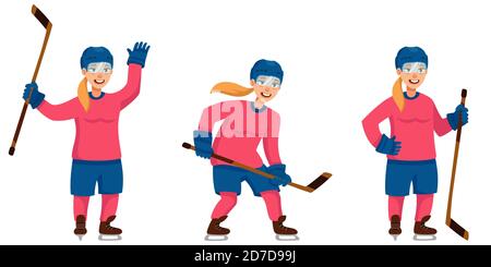 Giocatore di Hockey in diverse posizioni. Carattere femminile in stile cartoon. Illustrazione Vettoriale
