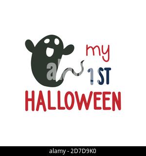 Il mio primo Halloween. Illustrazione vettoriale disegnata a mano. Poster autunnale a colori. Buono per la prenotazione di rottami, poster, biglietti d'auguri, striscioni, tessuti, regali, sh Illustrazione Vettoriale