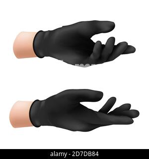 Mano umana in un guanto di protezione in nitrile nero. Illustrazione vettoriale di un prodotto in gomma per proteggere la pelle da vari virus, microbi e batteri Illustrazione Vettoriale