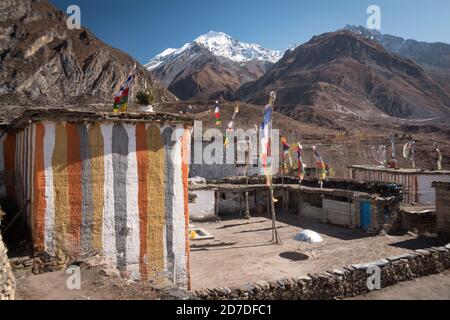 Nepal. Facciata dipinta in tipici colori Mustang che ricordano un lama è nato in quella casa. Foto Stock