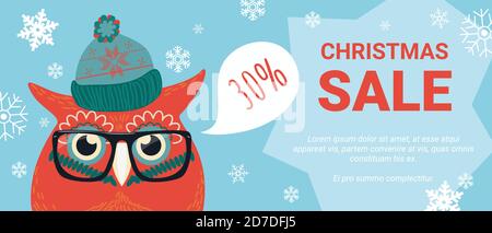 Vendita di Natale, sconto offerte illustrazione vettoriale. Gufo carino cartone animato con occhiali, cappello e fiocchi di neve che offre sconti speciali negozio durante la stagione invernale di Natale, xmas pubblicità promo sfondo Illustrazione Vettoriale
