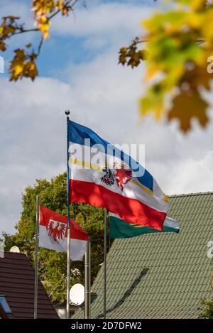 Prerow, Germania. 19 Ott 2020. Bandiere con gli stemmi del Meclemburgo e della Pomerania che battono nel vento davanti ad un edificio residenziale. Credit: Stefano Nosini/dpa-Zentralbild/ZB/dpa/Alamy Live News Foto Stock