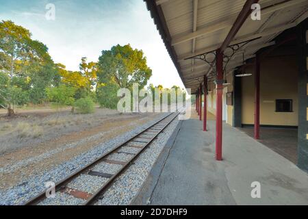 Inizio del 1900 stazione ferroviaria dell'Australia Occidentale, qui a GinGin nella zona della cintura di sicurezza. Foto Stock