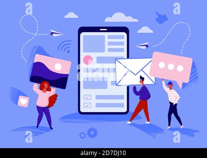 Le persone creano un'illustrazione vettoriale dei contenuti online. Personaggi dei creatori di cartoni animati che contengono immagini, documenti in mano, in piedi accanto al grande smartphone, creazione creativa per sfondo di concetto blog Illustrazione Vettoriale