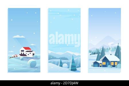 Natale paesaggio natura insieme di illustrazione vettoriale. Cartoon piano gelo scenario per la stagione invernale, Natale e Capodanno vacanze con case villaggio sotto la neve su colline innevate, palle di neve sfondo Illustrazione Vettoriale