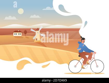 Autunno viaggio campagna vacanza concetto di illustrazione vettoriale. Cartoon uomo hipster ciclista in viaggio, bicicletta a cavallo per il tour al villaggio, sano stile di vita sportivo e sfondo di avventura weekend Illustrazione Vettoriale