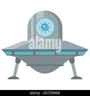 Piatto volante in stile cartone animato. UFO isolato su sfondo bianco. Illustrazione Vettoriale