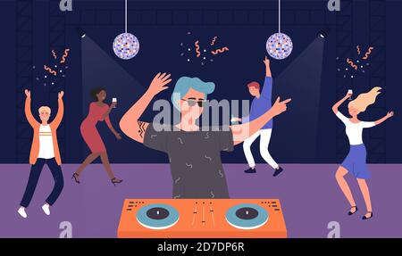 Illustrazione vettoriale del party musicale del night club. Amici del cartone animato gente ascolta la musica e la danza del DJ, uomo donna gruppo di personaggi celebrare, divertirsi e danza felice in casa camera sfondo interno Illustrazione Vettoriale