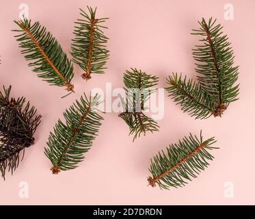 Piatto Lay Natale sfondo con ornamenti. Vista dall'alto dei coni di pino disposti su sfondo rosa. Foto Stock