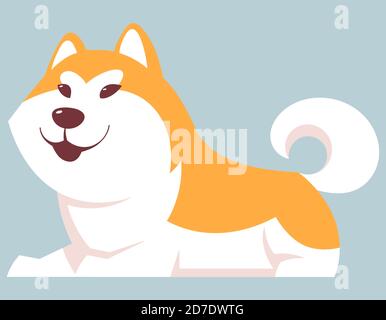 Cane Akita Inu sdraiato. Carino animale domestico in stile cartone animato. Illustrazione Vettoriale