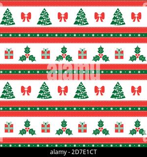Natale senza cuciture motivo con Holly, albero di Natale, regalo, con strisce orizzontali. Bordo natalizio senza cuciture Illustrazione Vettoriale