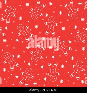 Gingerbread uomo sfondo senza cuciture. Bianco su sfondo rosso Illustrazione Vettoriale