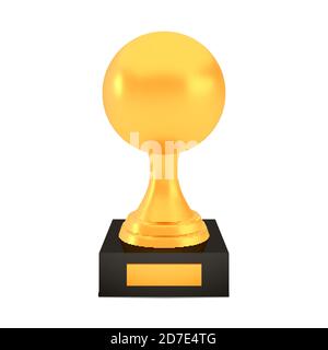 Vincitore del premio per la coppa sferica sullo stand con piatto vuoto, logo del trofeo dorato isolato su sfondo bianco Illustrazione Vettoriale