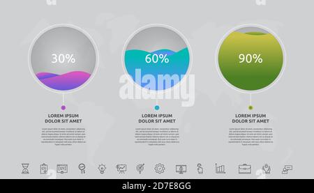 Infografiche vettoriali a 3 passi con cerchi e onde. Modello tre parti utilizzate per diagrammi, presentazioni, diagrammi di flusso, grafici informativi, timeline, contenuto Illustrazione Vettoriale