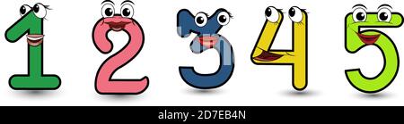 Divertente set disegnato a mano di carattere cartoon stile colorato numeri uno, due, tre, quattro, cinque con volti sorridenti illustrazione alfabeto vettoriale isolato su W. Illustrazione Vettoriale
