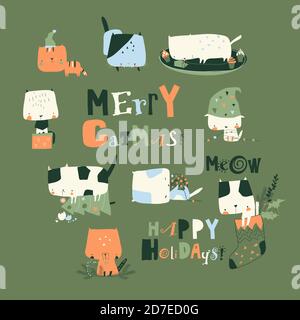 Set di simpatici gatti pazzi con elementi natalizi Illustrazione Vettoriale