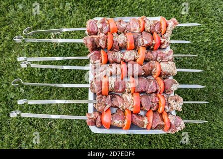 Carne e pomodori per barbecue su spiedini, cosparsi di peperoni, su fondo erboso Foto Stock