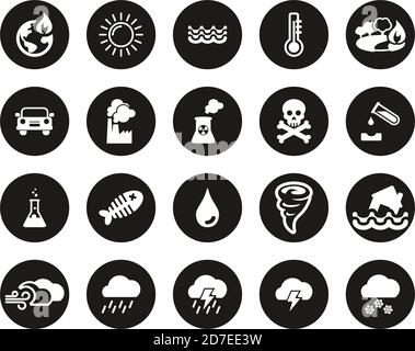Icone di riscaldamento globale Bianco su set cerchio di disegno piatto nero Grande Illustrazione Vettoriale