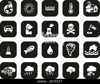 Icone di riscaldamento globale Bianco su nero Flat Design Set Grande Illustrazione Vettoriale