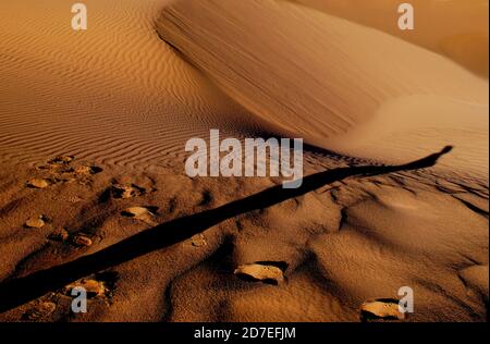 Vista panoramica del dessert Kalut con le silhouette della gente su una sabbia. Non lasciare nulla tranne le impronte Concept.Sunset in Desert.Iran Foto Stock