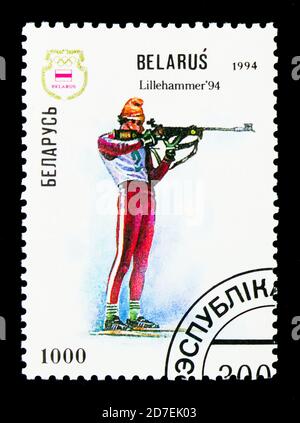 MOSCA, RUSSIA - 26 NOVEMBRE 2017: Un francobollo stampato in Bielorussia mostra i Giochi Olimpici invernali, Lillehammer-94, Serie di Giochi Olimpici, circa 1994 Foto Stock