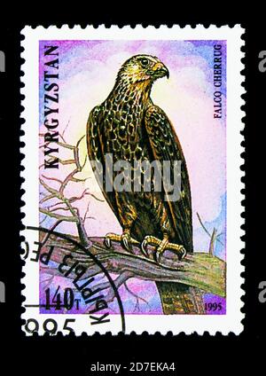 MOSCA, RUSSIA - 26 NOVEMBRE 2017: Un francobollo stampato in Kirghizistan mostra SAKER Falcon (Falco cherrug), Uccelli di Prey serie, circa 1995 Foto Stock