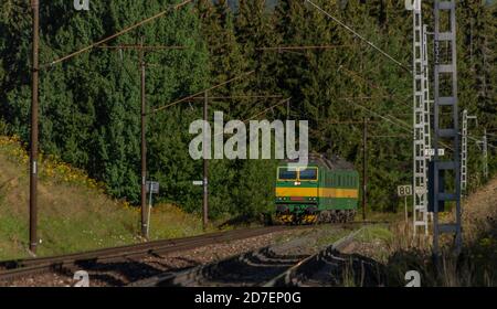 Verde treno di carico elettrico sotto le montagne di Vysoke Tatry in estate mattina soleggiata Foto Stock