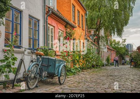 In una giornata estiva, una tipica bici danese Cargo è parcheggiata all'ingresso di una casa in una strada accogliente che trasmette intimità e concetto culturale. Aarhus Foto Stock