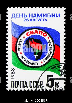 MOSCA, RUSSIA - 31 MARZO 2018: Un francobollo stampato in URSS (Russia) dedicato alla Giornata della Namibia, intorno al 1983 Foto Stock