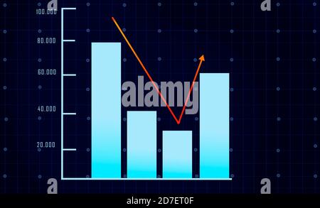 Illustrazione di un grafico a barre finanziario, analizzando i prezzi delle azioni e le statistiche aziendali su sfondo blu, concetti Foto Stock