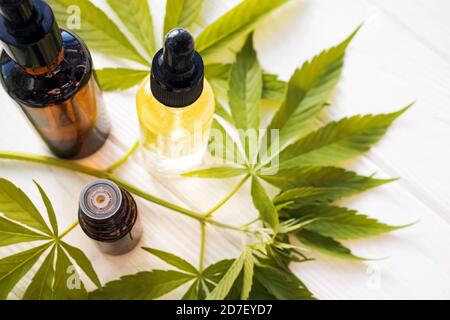 Bottiglie di olio di canapa e foglie di cannabis su sfondo bianco. Foto Stock